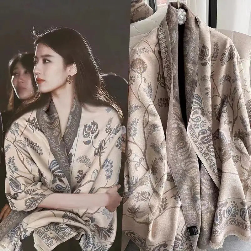 Women Jacquard Cashmere Scarf Winter Warm Fringed Shawl