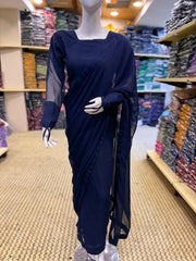 3 Pcs Women’s Chiffon Plain Stitched Saree