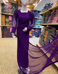 3 Pcs Women’s Chiffon Plain Stitched Saree