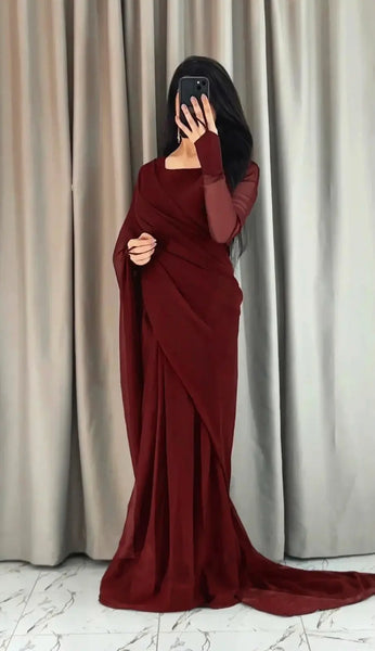 3 Pcs Women’s Chiffon Plain Stitched Saree