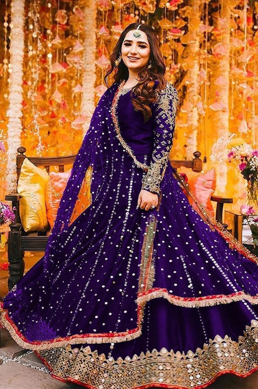Purple Mirror Work Maxi Suit for Women with Lace Dupatta
