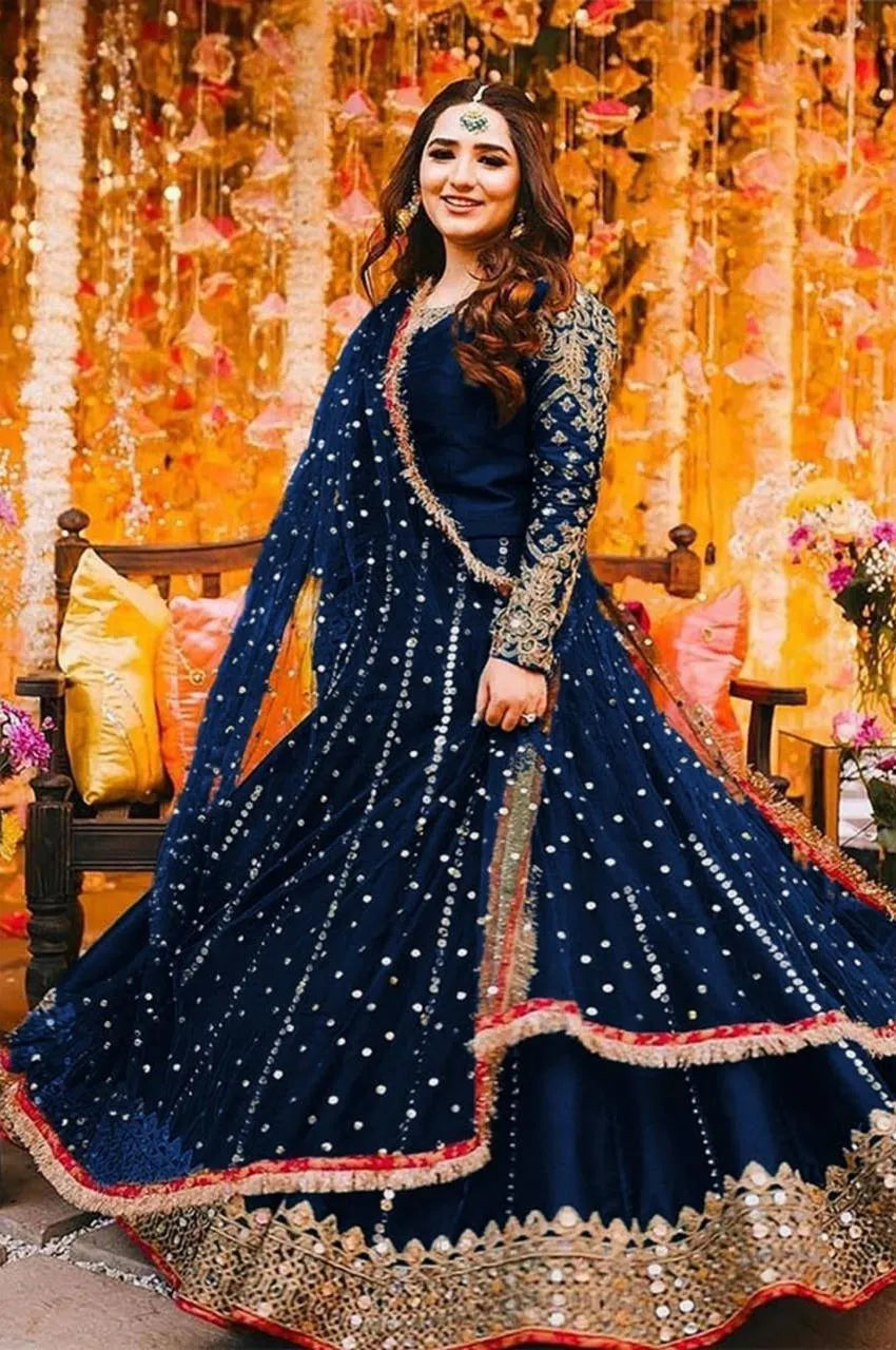 Blue Shamoz Silk Mirror Work Maxi Suit for Weddings