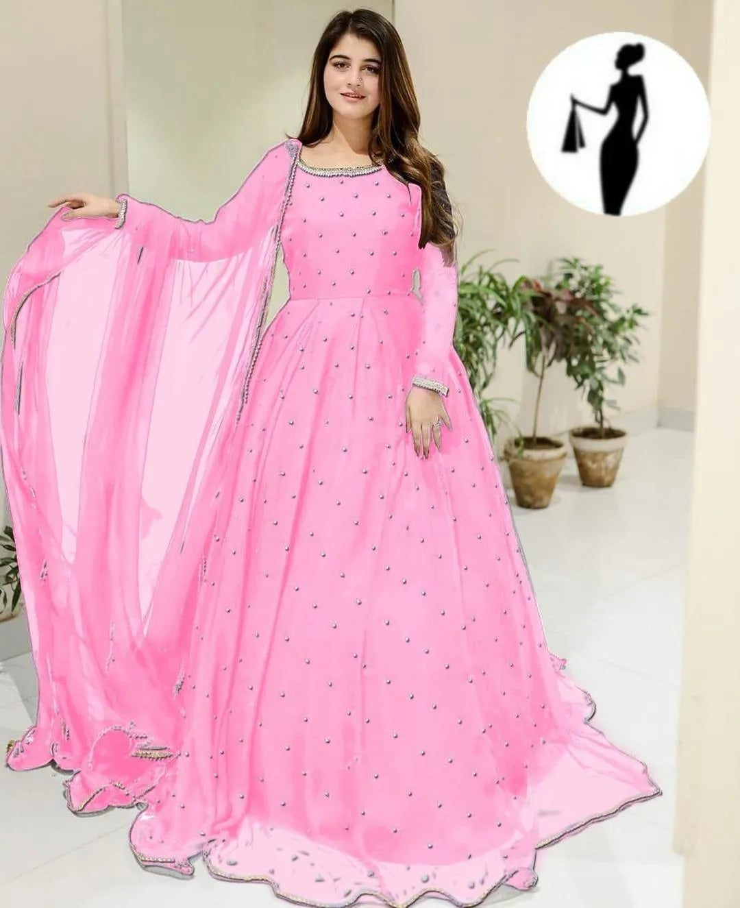 Pink Chiffon Calligraphy Maxi Suit 3 Pcs With Dupatta
