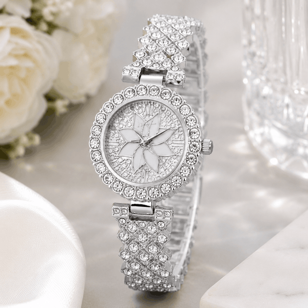 Luxury Floral Crystal Quartz Wrist Watch for Women – silver