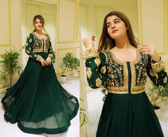 Green Embroidered Maxi Dress with Trouser Set