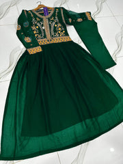 Green Embroidered Maxi Dress with Trouser Set