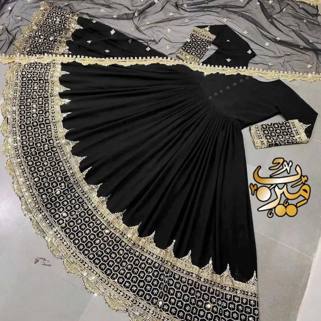 Black Silk Embroidered Maxi Suit 3 Pcs Set