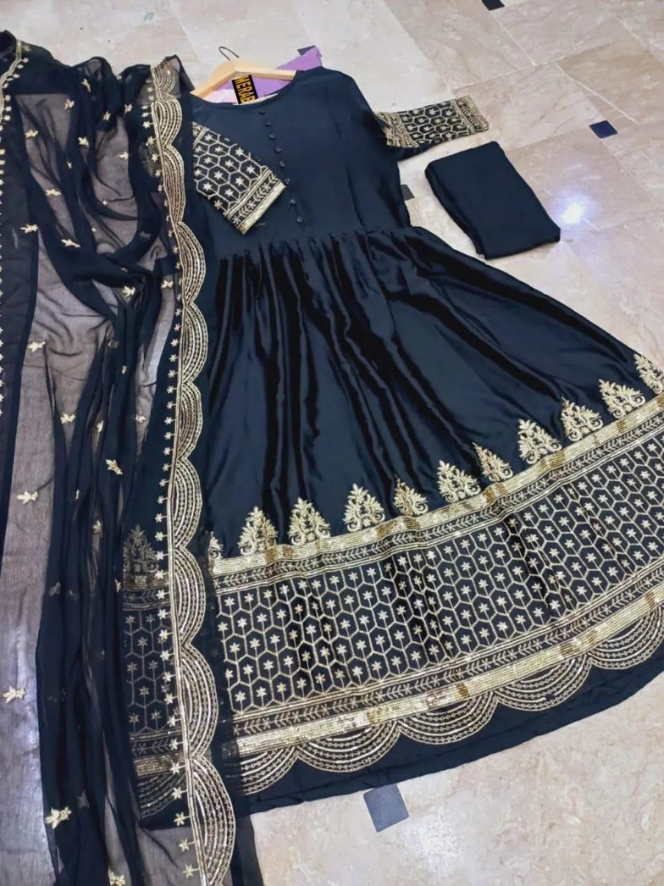 Black Silk Embroidered Maxi Suit 3 Pcs Set
