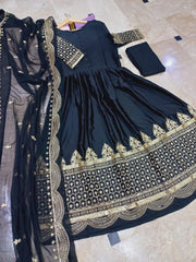 Black Silk Embroidered Maxi Suit 3 Pcs Set