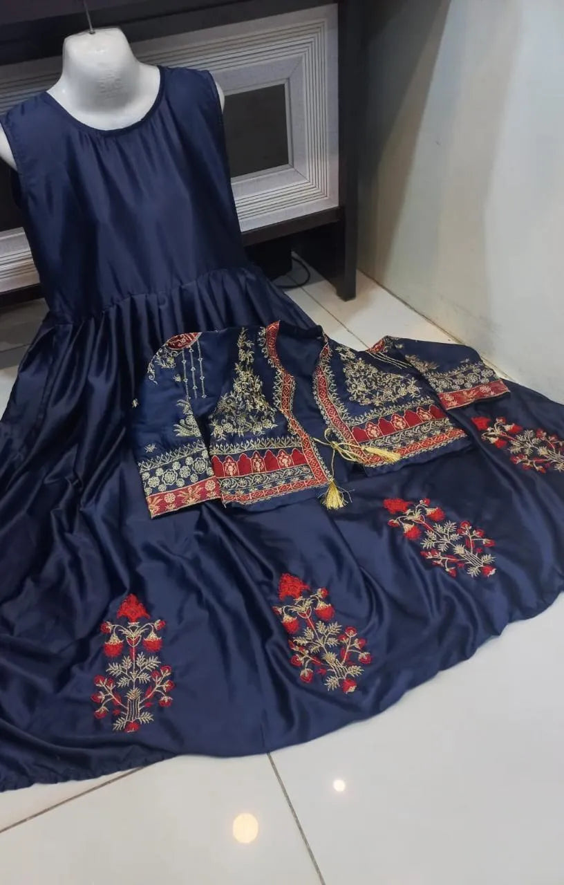 Blue Embroidered Shamoz Silk Maxi & Jacket Set