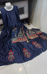 Blue Embroidered Shamoz Silk Maxi & Jacket Set
