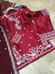Women's Embroidered Farshi Shalwar 3 Piece Silk Suit with Embroidered Chiffon Dupatta – Pakistani Party Wear Dress