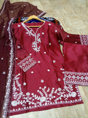 Women's Embroidered Farshi Shalwar 3 Piece Silk Suit with Embroidered Chiffon Dupatta – Pakistani Party Wear Dress