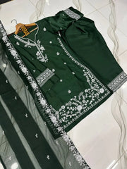 Women's Embroidered Farshi Shalwar 3 Piece Silk Suit with Embroidered Chiffon Dupatta – Pakistani Party Wear Dress