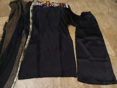 Women's Silk Long Flare Sharara Suit 3 Piece Set with Four Side Lace Work Chiffon Dupatta | Pakistani Party Wear Dress