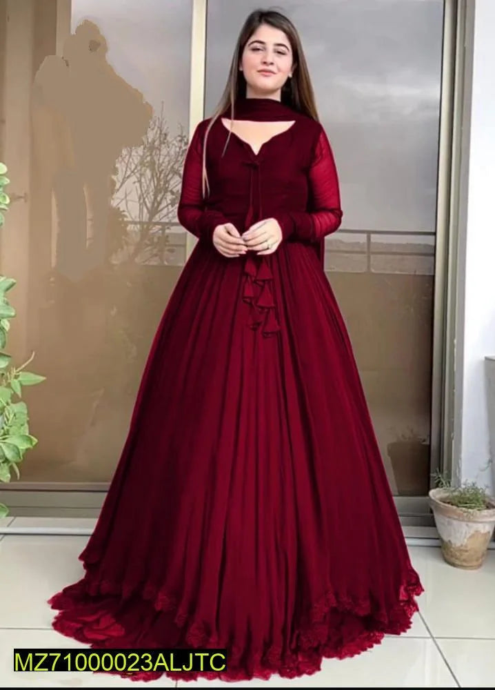 Women Maroon Chiffon Maxi Suit 3 Pcs Round Neck