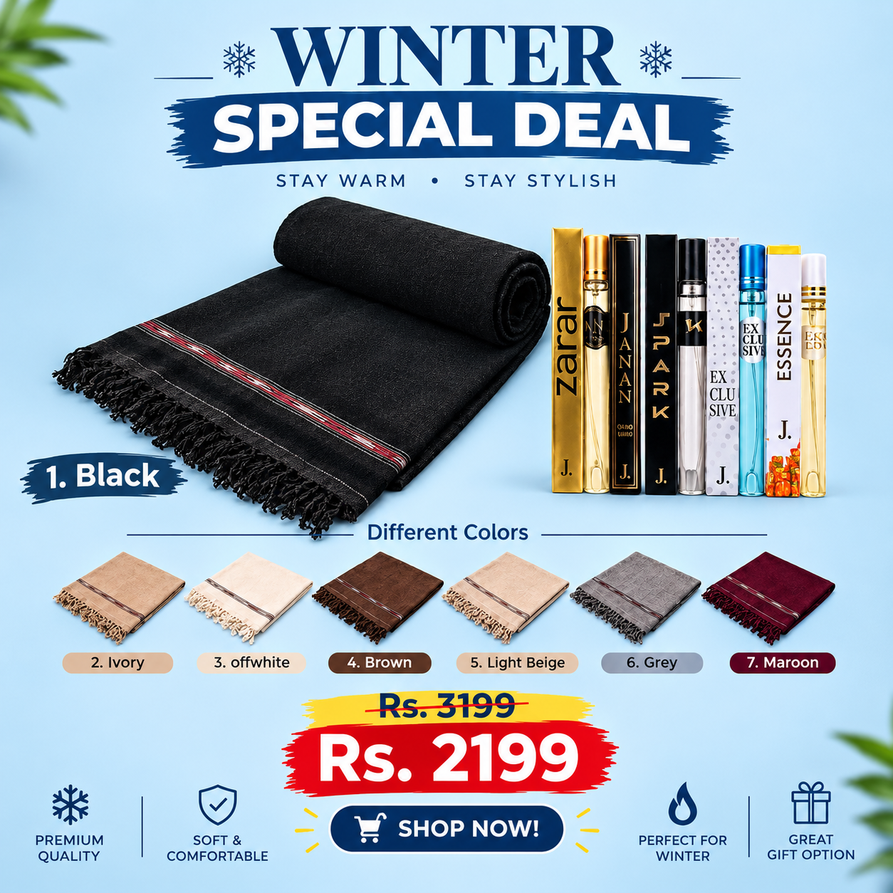 1 Pc Men's Pashmina Wool Plain Shawl + 5 Pcs Fragrance Set Deal
