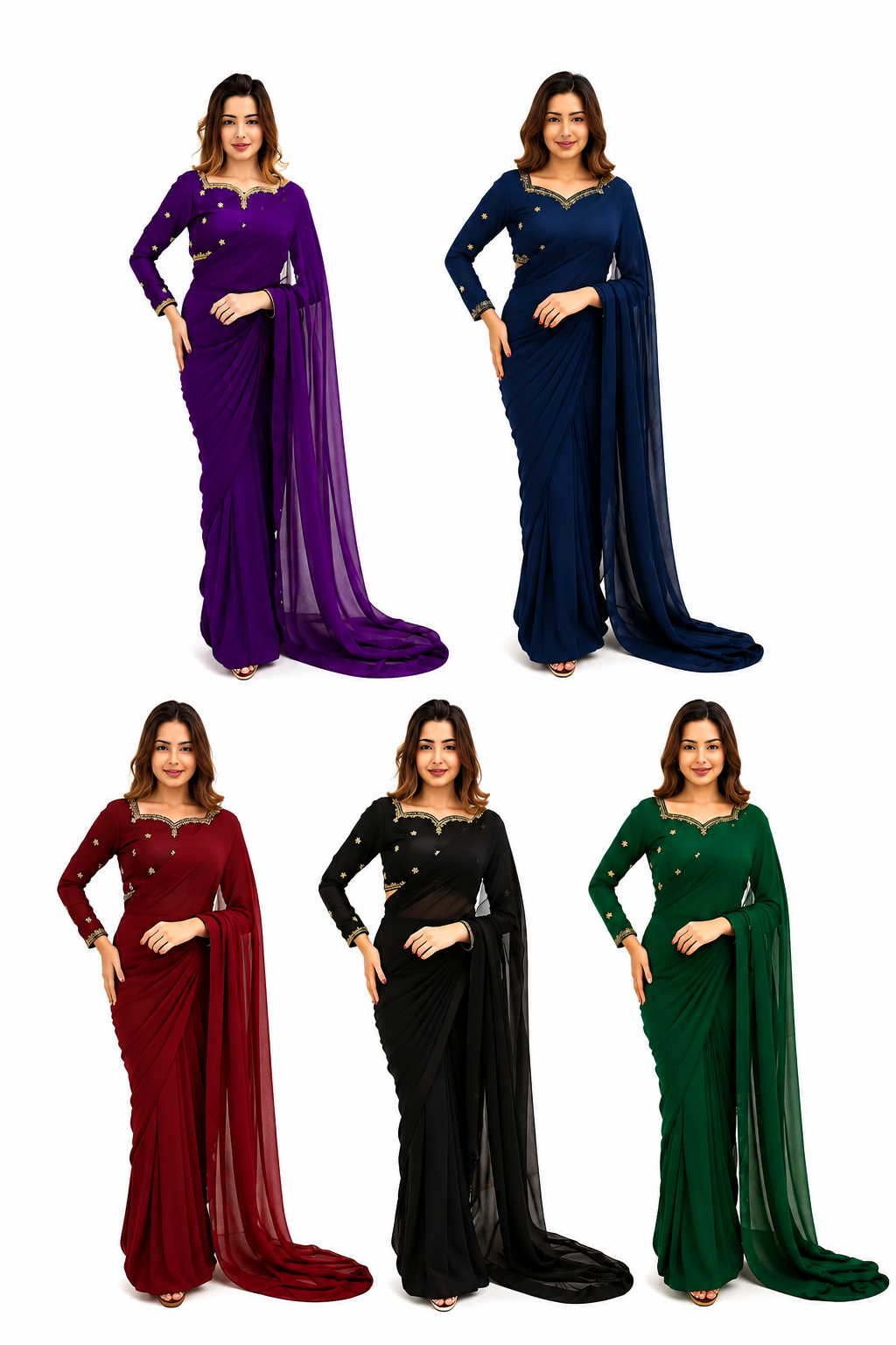 2 Pcs Women’s Chiffon Embroidered Stitched Saree