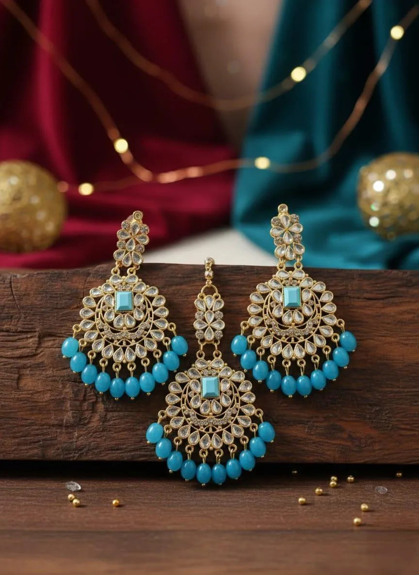 Turkish Design Gold Plated Blue Crystal Earrings Set