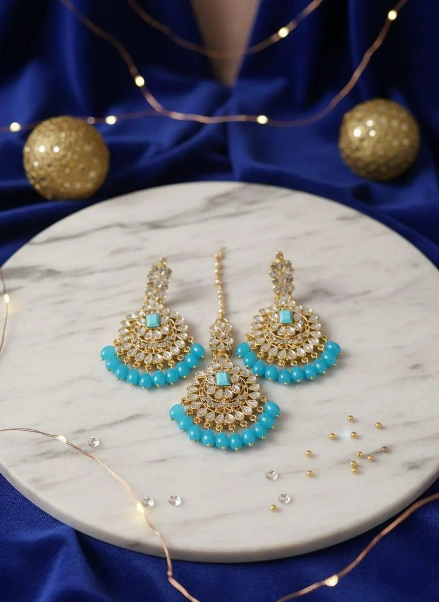 Turkish Design Gold Plated Blue Crystal Earrings Set