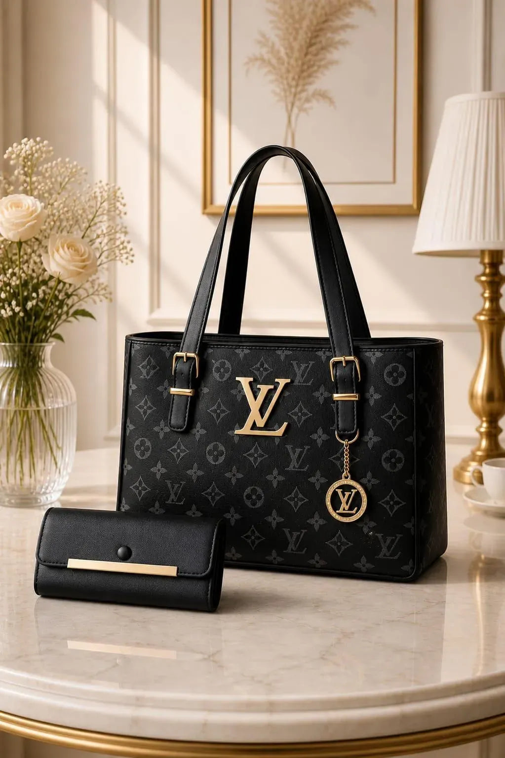 Black Leather Women's Shoulder Bag with LV Logo
