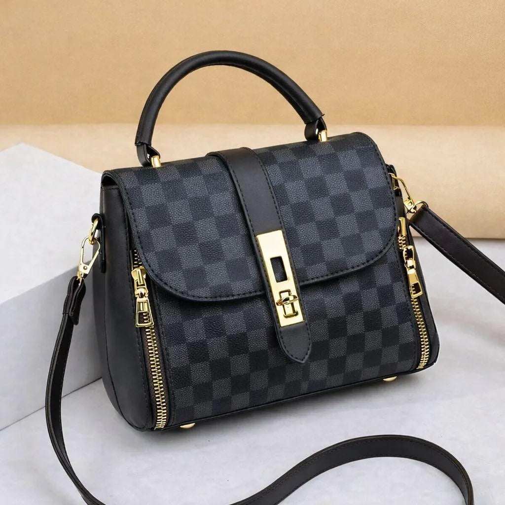 Women's Black Checkered Gold Shoulder Bag 3cm Leather
