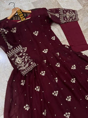 2 Pcs Women's Stitched Chiffon Embroidered Maxi And Trouser