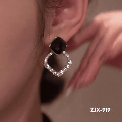 Black Square Stone Earrings with Crystal Halo for Women