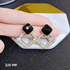 Black Square Stone Earrings with Crystal Halo for Women