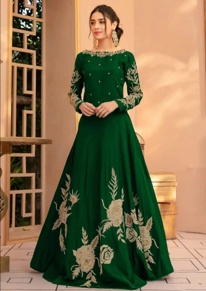 Green Silk Embroidered Maxi Dress for Women Wedding