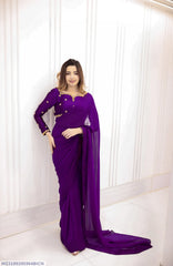 2 Pcs Women’s Chiffon Embroidered Stitched Saree