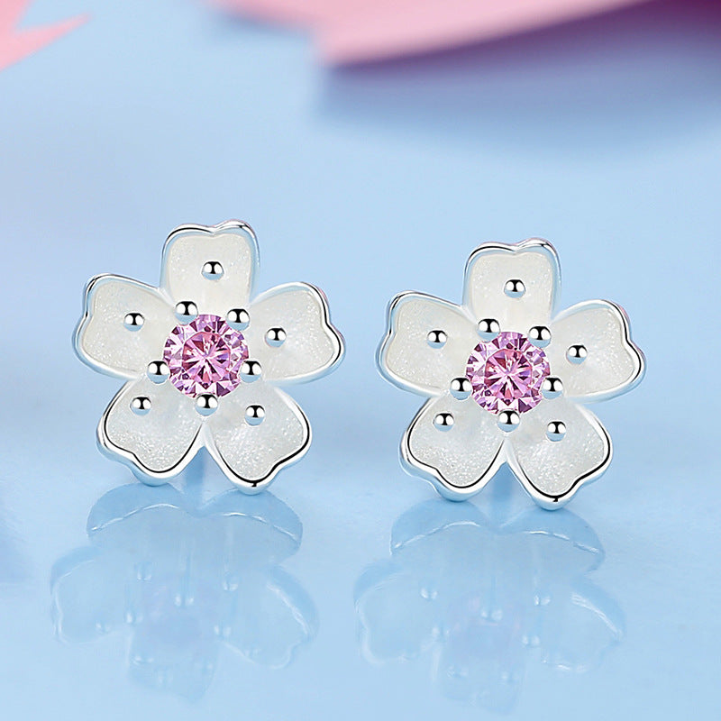 Cherry Blossom Earrings Silver White Pink Crystal Center