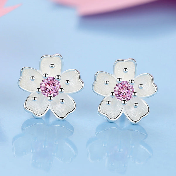 Cherry Blossom Earrings Silver White Pink Crystal Center