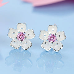 Cherry Blossom Earrings Silver White Pink Crystal Center