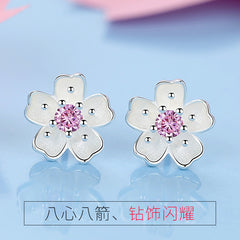 Cherry Blossom Earrings Silver White Pink Crystal Center