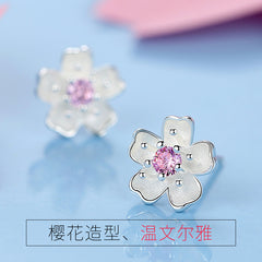 Cherry Blossom Earrings Silver White Pink Crystal Center