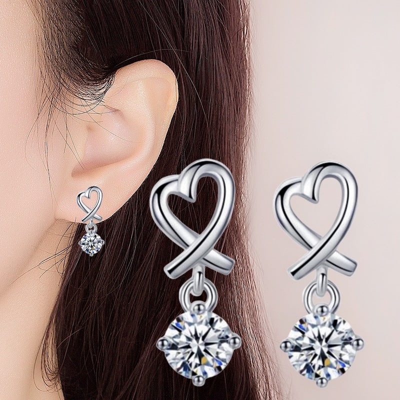 Heart Shaped Earrings with Sparkling Pendant 925 Silver